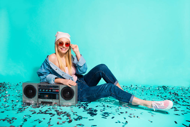 Portrait of her she nice-looking attractive cheerful cheery girl sun eyeglasses eyewear lying on floor cassette audio mp3 stereo isolated on bright vivid shine blue green turquoise background - Photo, Image