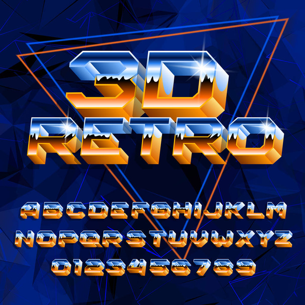 3D retro alfabet lettertype. Hoofdletters en cijfers. Abstracte blauwe achtergrond. Stock vector lettertype voor uw ontwerp in 80s stijl. - Vector, afbeelding
