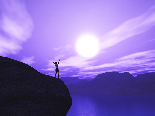 Femme 3D debout sur une falaise avec les bras levés dans la joie contre le coucher du soleil
  - Photo, image