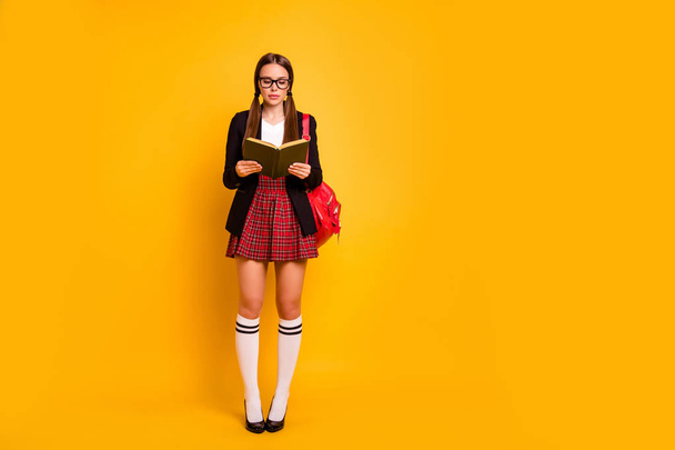 Full length body size view of her she nice-looking attractive lovely smart clever serious girl holding in hands book classes courses preparing test isolated over bright vivid shine yellow background - Foto, Imagem