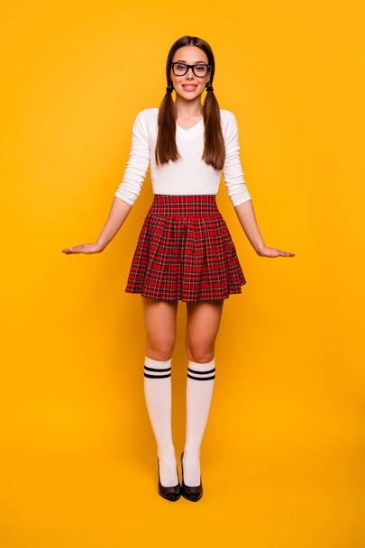 Vertical full length body size view of her she nice-looking attractive winsome lovely lovable sweet tender feminine cheerful girl season clothing isolated over bright vivid shine yellow background - Φωτογραφία, εικόνα