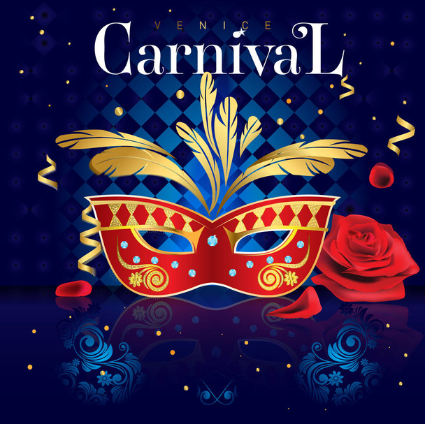 Venezianisches Karnevalsplakat, rot-goldene Maske mit Diamanten und Rosen auf blauem geometrischem Hintergrund in 3D.  - Vektor, Bild