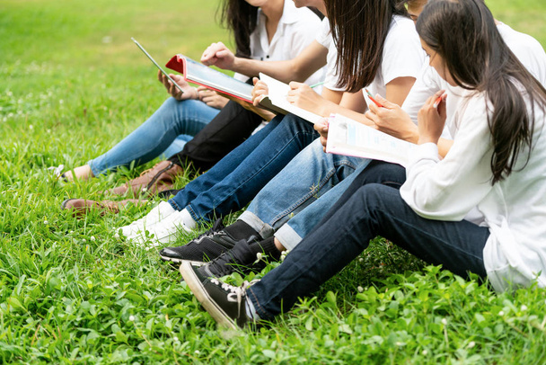 Parkta okuyan genç öğrencilerden oluşan ekip. - Fotoğraf, Görsel