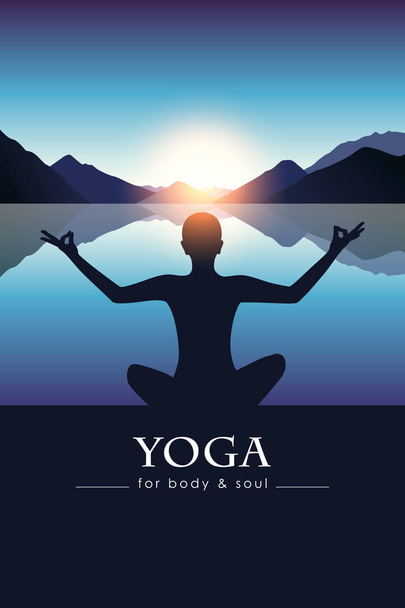yoga para cuerpo y alma meditando silueta de persona junto al lago con paisaje azul de montaña
 - Vector, Imagen
