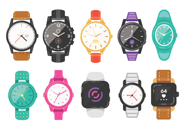 Classic mens and womens watches set of vector icons. Watch for businessman, smartwatch and fashion clocks collection. - Vector, Image