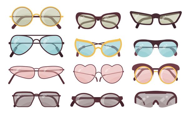 Aksesuar güneş gözlüğü vektör seti. Renkli güneş gözlüğü koleksiyonu. Yaz gözlükler. - Vektör, Görsel