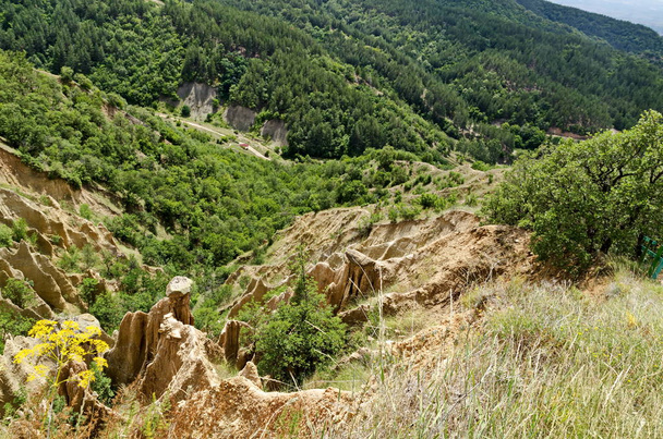 Фрагмент знаменитых пирамид Стобса необычной формы, красные и желтые скалы, зеленые кусты и деревья вокруг, западная часть горы Рила, Кюстендил, Болгария, Европа
   - Фото, изображение