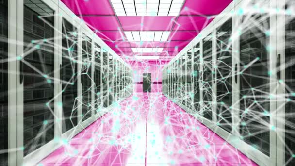 Server room and connection dots in datacenter, web network and internet telecommunication technology, 3d rendering - Footage, Video