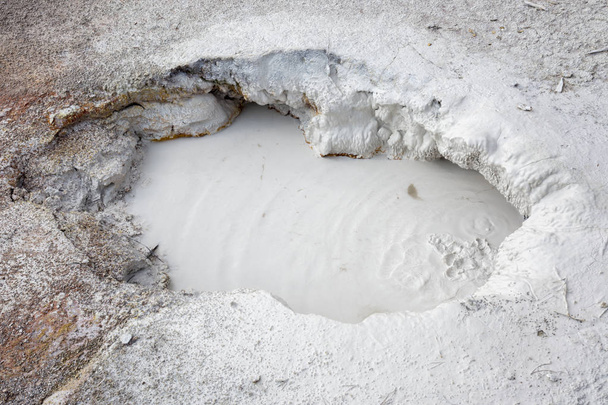 poça de lama fervente e leitosa no Parque Nacional Yellowstone em Wyoming, na América
 - Foto, Imagem