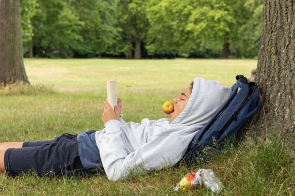 Young boy reads a book and eats an apple at the park  - Photo, image