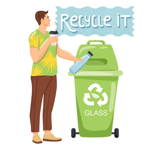 Concepto de reciclaje. El hombre clasifica la basura en recipientes para reciclar. Diseño elegante del eslogan de tipografía "Recycle it" signo
. - Vector, Imagen