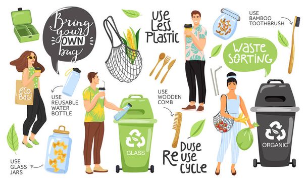 Zero waste concept set with eco objects, people and lettering. Shopping bag, container, comb, bottle, jar, toothbrush, vegetable etc. Eco life. - Vector, Image