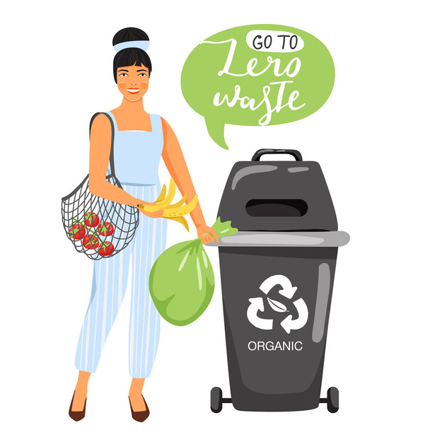 Recycling concept. Vrouw sorteren afval in containers voor recycling. Stijlvolle typografie slogan ontwerp "Ga naar nul afval" teken. - Vector, afbeelding