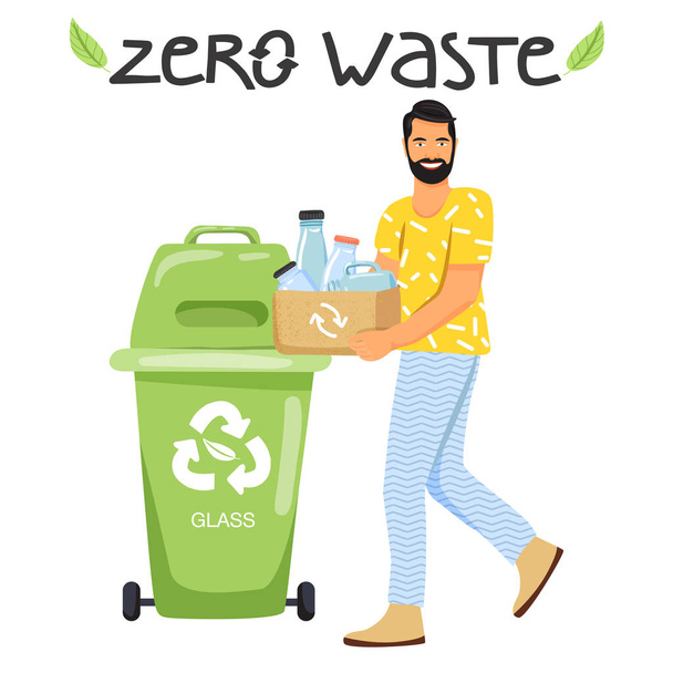 Concepto de reciclaje. El hombre clasifica la basura en recipientes para reciclar. Diseño elegante del eslogan de tipografía "Zero waste" signo
. - Vector, Imagen