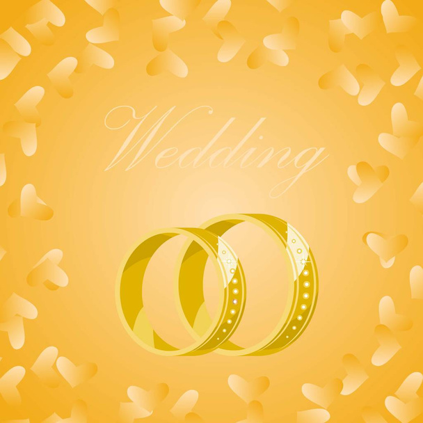 Vector golden wedding rings on yellow background with gold hearts. Rings for the bride and groom for the wedding. Background for the card, invitation cards, engagement cards. - Διάνυσμα, εικόνα