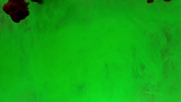 Koyu kırmızı mürekkep su da karıştırma yukarıdan düşer, arka planda yeşil mürekkep ile yumuşak sualtı girdap. Renkli akrilik boya bulutu izole edilmiştir. Soyut duman patlama animasyon. Yavaş çekim. 4k görüntü. - Video, Çekim