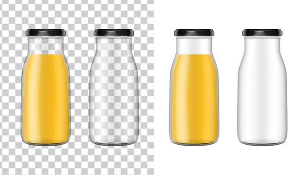 Vektor realistický izolovaný obraz (předstírací, rozložení) průhledné skleněné láhve: prázdný a s džusem. EPS 10. - Vektor, obrázek