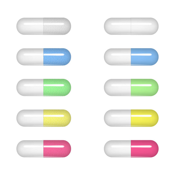 Realistický obraz tablet (pilulky, vitamíny) oválného tvaru, bílé, modré, žluté a růžové barvy. Obrázek byl vytvořen pomocí mřížky přechodu. Vektorové EPS 10. - Vektor, obrázek
