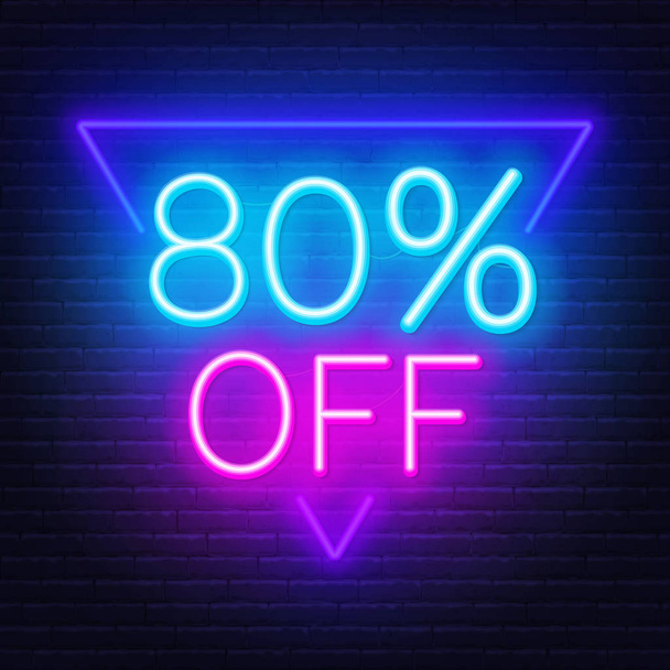 80 percent off neon lettering on brick wall background - Vector, Image
