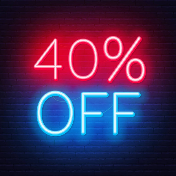 40 percent off neon lettering on brick wall background - Vector, Image