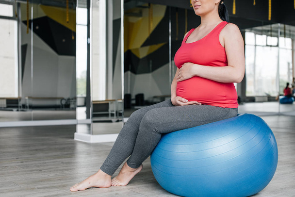 Pregnant woman sits on a big fitness ball. - Фото, изображение