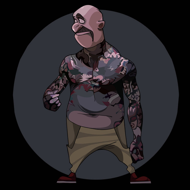 cartoon mustache bald man with tattooed body - Vektor, Bild