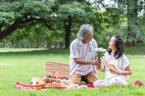 ázsiai Senior pár piknik, és ad egy virágot szeretettel Garde - Fotó, kép