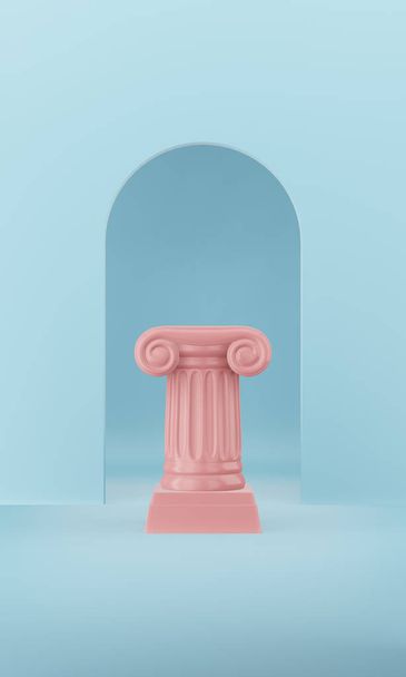 Abstract podium pink column on the blue background with arch. The victory pedestal is a minimalist concept. 3D rendering. - Fotoğraf, Görsel