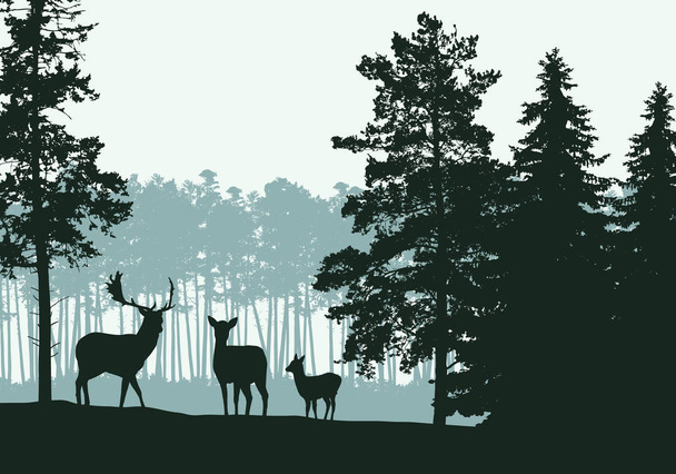 Ilustración realista del paisaje con bosque de coníferas, ciervos y familia, bajo el cielo verde de primavera u otoño - vector
 - Vector, imagen