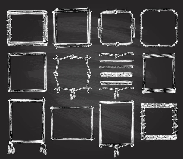 Simple doodle frames and dividers set on a chalkboard with ropes - Vector, Image