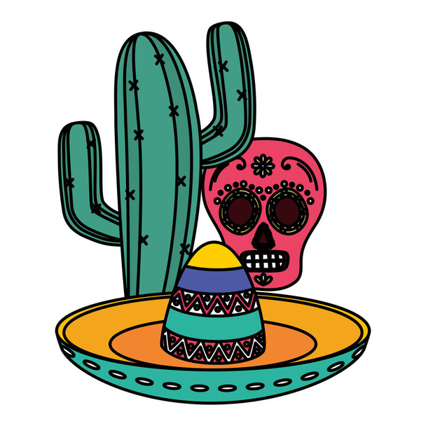 dag van de dode viering schedel masker met Mexicaanse hoed en cactu - Vector, afbeelding