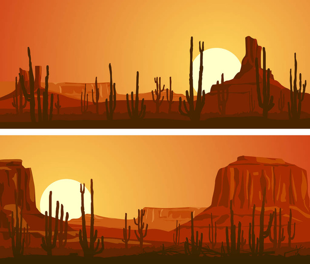 Horizontální nápisy pouště s kaktusy a skalami při západu slunce.   - Vektor, obrázek
