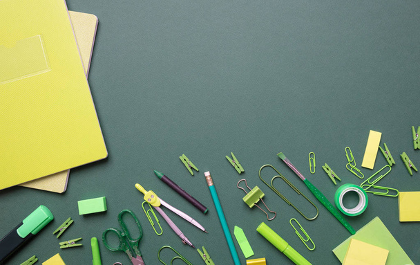 Flat lay of office, school stationery on grey background - Foto, immagini