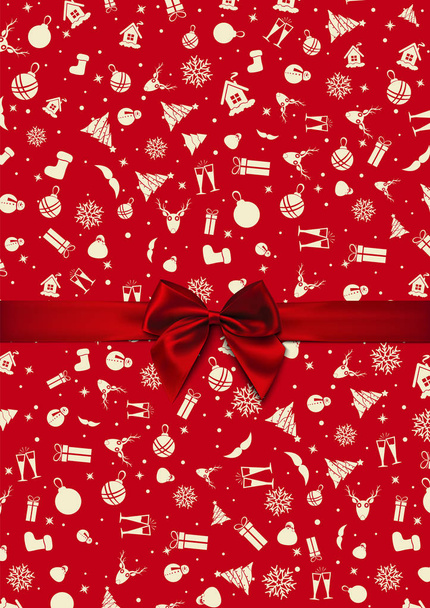 ベクトル - 赤いクリスマス包装紙の上に赤い弓。クリスマスカードハッピーニューイヤーカード. - ベクター画像
