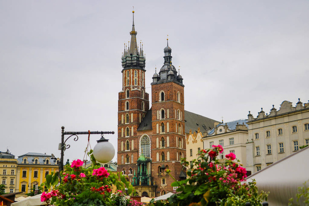 Cracovia, Polonia - 21 de mayo de 2019: Vista de las flores en primer plano, en el fondo la iglesia está fuera de foco
. - Foto, Imagen