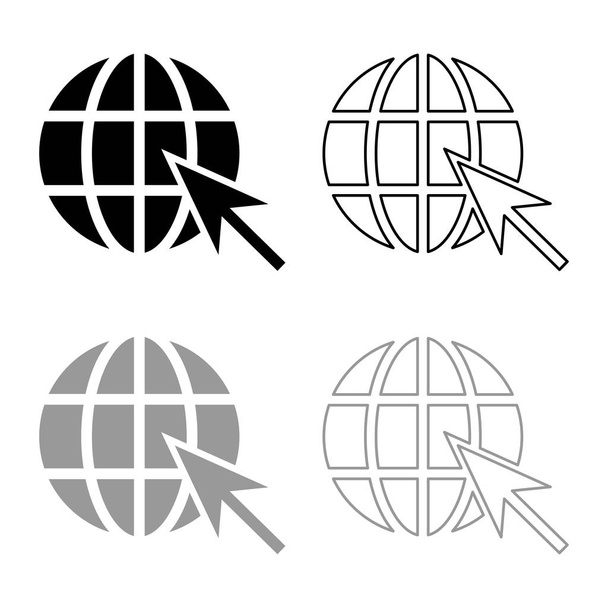 Глобальная концепция Интернета Сфера и стрелка Символ сайта Контур иконки набора черный серый цвет вектор иллюстрация плоский стиль изображения
 - Вектор,изображение