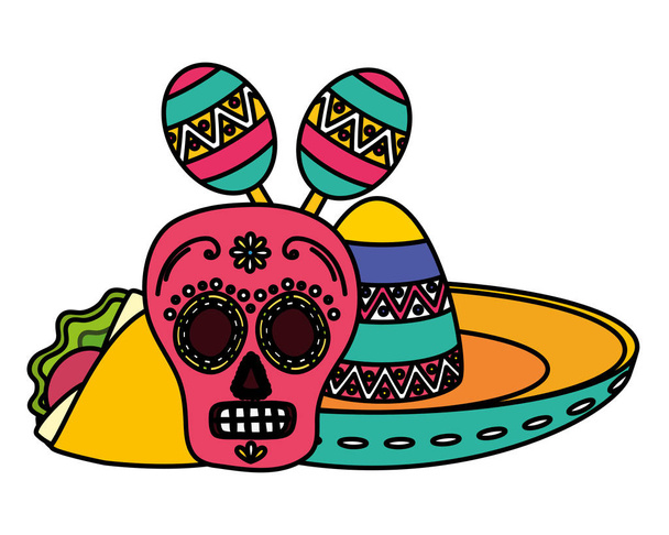 dag van de dode schedel masker met Mexicaanse hoed en maracas - Vector, afbeelding