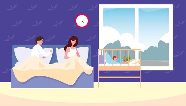 mom and dad taking care baby in crib - Vector, Image