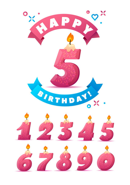 Set of colorful birthday candle numbers. Wick and fire. Vector Illustration Greeting Card - Vektör, Görsel