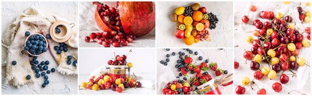 collage of photos with fresh raw fruits and berries, healthy diet food - Foto, Imagem
