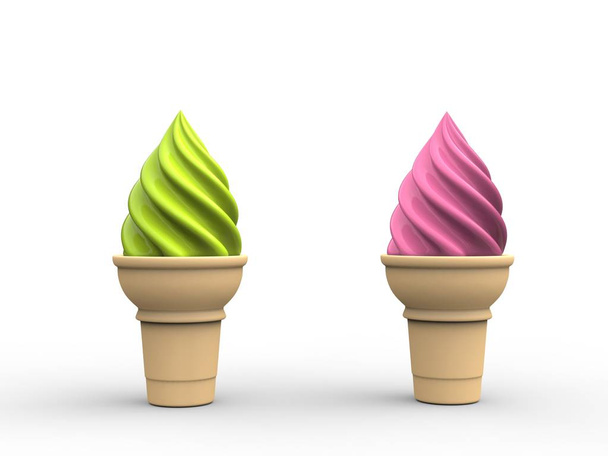 Green and pink ice cream in small cones - Foto, afbeelding