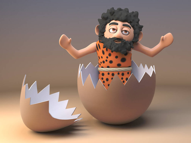 Tonto personaje salvaje cavernícola juega alrededor en una cáscara de huevo agrietada vacía, ilustración 3d
 - Foto, Imagen
