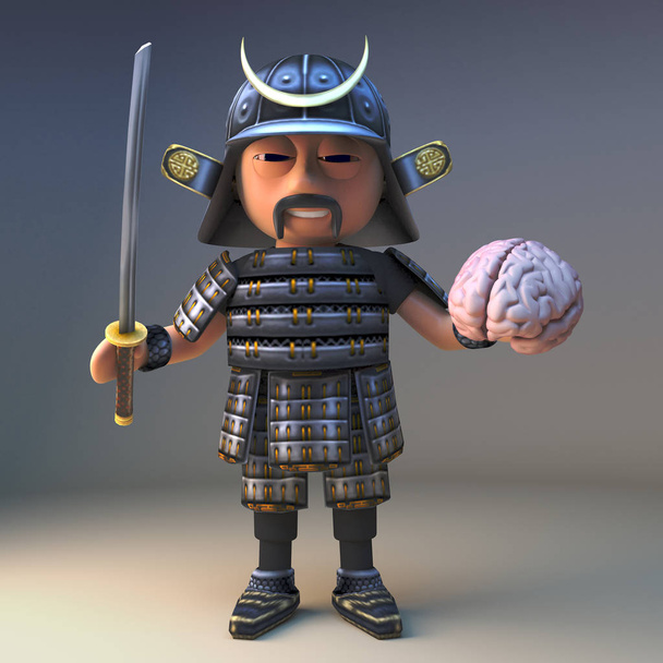 Potężny japoński wojownik samuraj w zbroi w 3D trzymając jego Katana miecz i ludzki mózg, ilustracja 3D - Zdjęcie, obraz