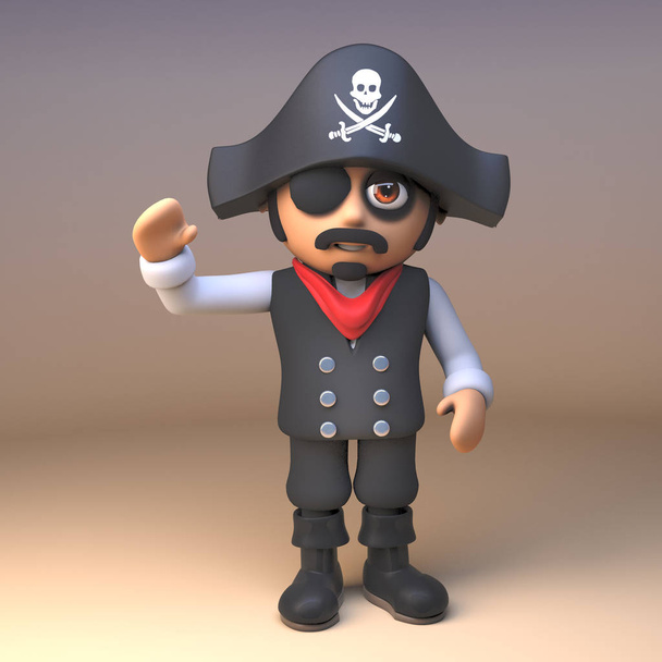 freundliche 3D-Piratenkapitänin mit lustigem Rogerschädel und Kreuzknochen-Hut und Augenklappe winkt Hallo, 3D-Illustration - Foto, Bild