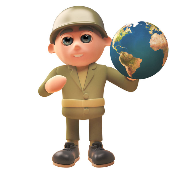 3D армії солдата характеру в уніформі тримає Земну кулю на землі, 3D ілюстрація - Фото, зображення