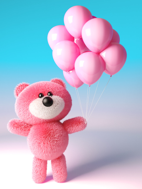 Party minded pink fluffy teddy bear with pink celebration balloons, 3d illustration - Foto, afbeelding
