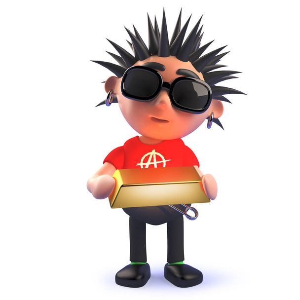 Cartoon vicious 3d cartoon punk rocker holding a gold bullion bar - Photo, Image