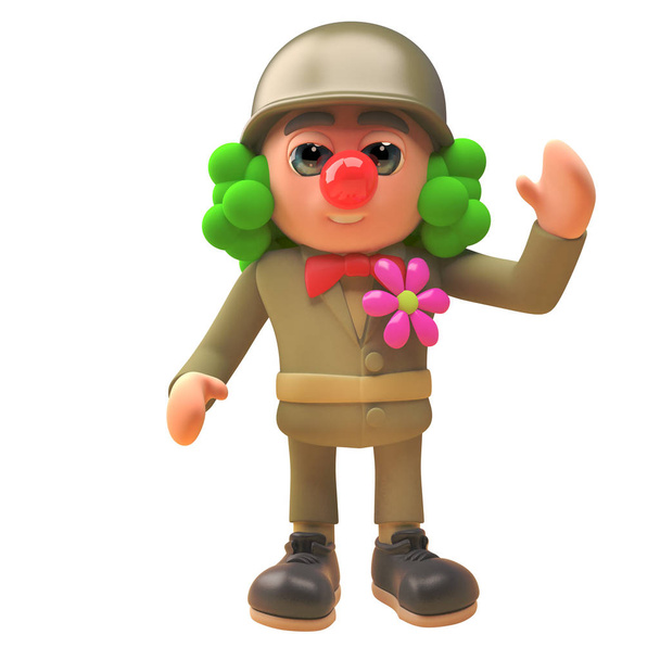 3D kreskówka Armia żołnierz charakter w mundurze i ubrany jak Klaun z czerwonym nosem i peruki, ilustracja 3D - Zdjęcie, obraz