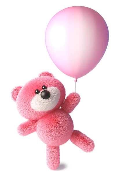 Teddy bear with pink fluffy fur starts to float holding onto a pink balloon, 3d illustration - Fotoğraf, Görsel