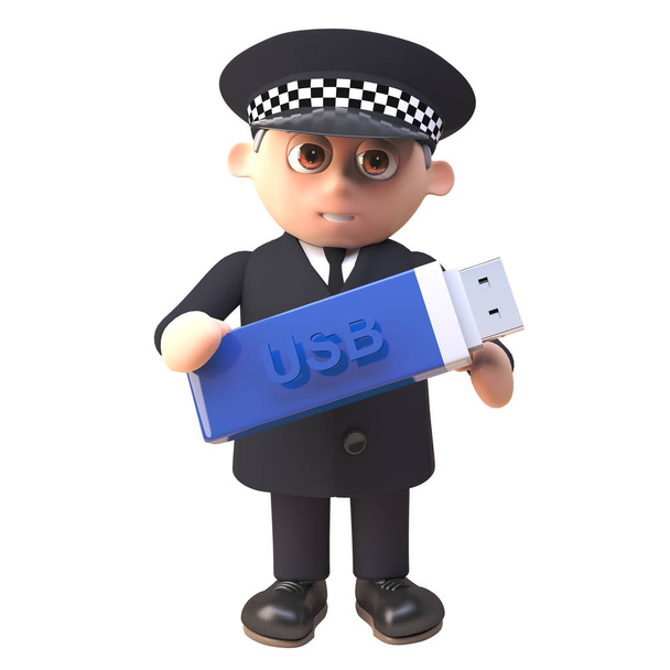 3D μπάτσος αστυνομικός χαρακτήρας σε ομοιόμορφη κρατώντας ένα στικάκι USB στικάκι μνήμης για backup δεδομένων, 3D εικονογράφηση - Φωτογραφία, εικόνα